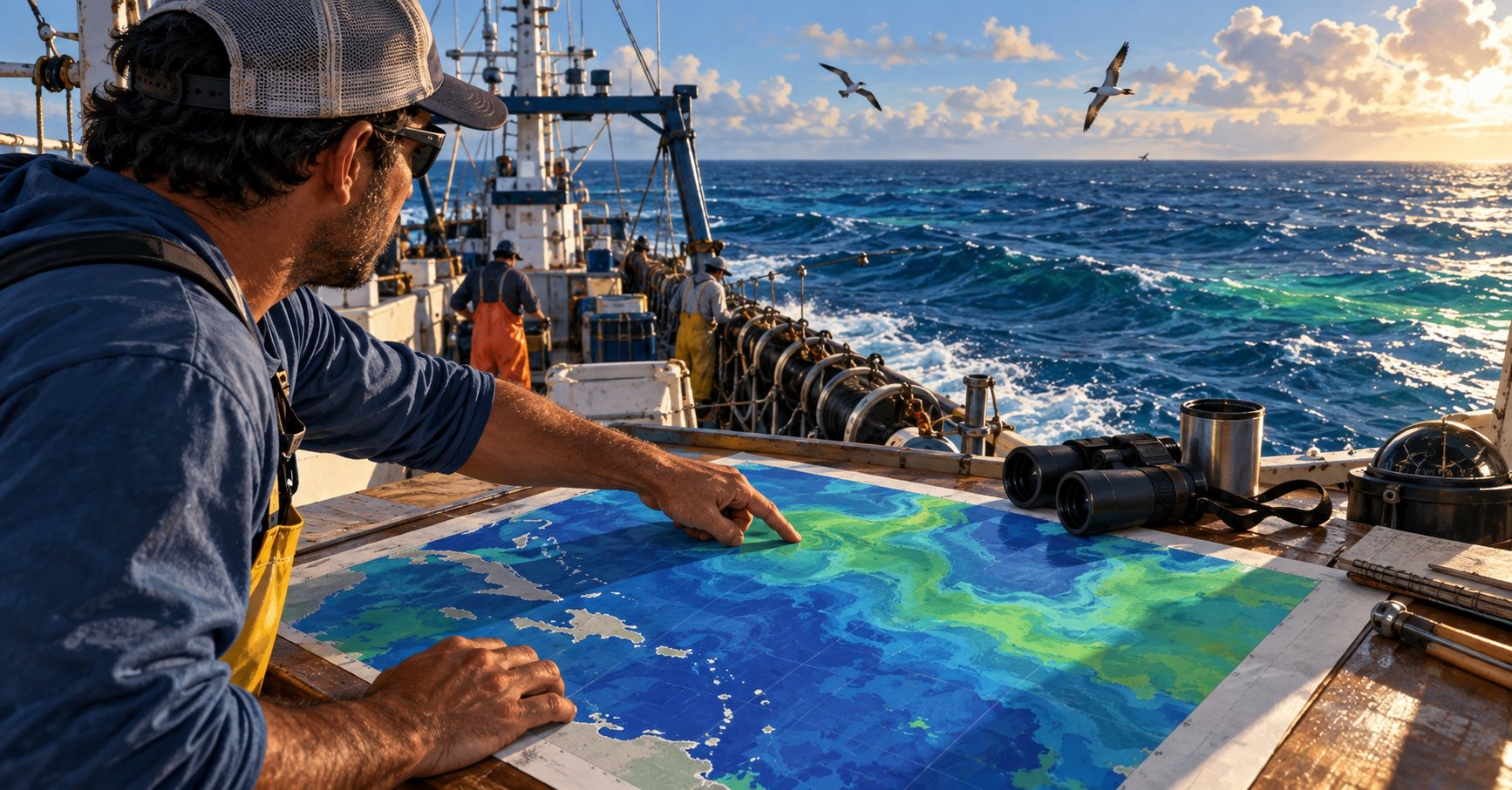 Ilustración de un pescador comparando un mapa del agua con el mar antes de la faena