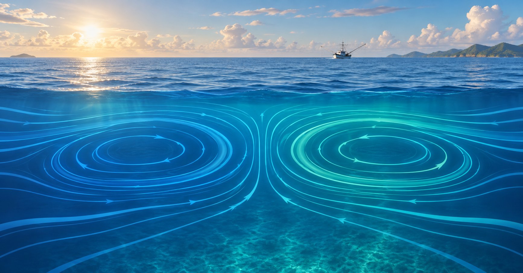 Ilustración conceptual de corrientes y circulación del agua, no un mapa observado